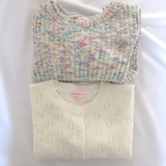 Set of 2 Girl’s “Design History” Sweaters Ivory Pointelle/Confetti Chenille Sz 5 - Picture 1 of 11